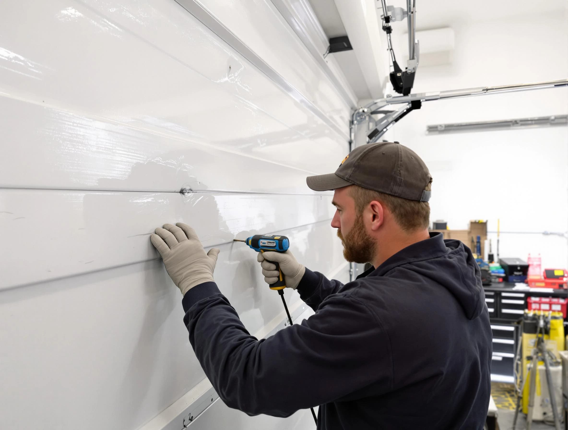 Hampton Garage Door Repair technician demonstrating precision dent removal techniques on a Hampton garage door