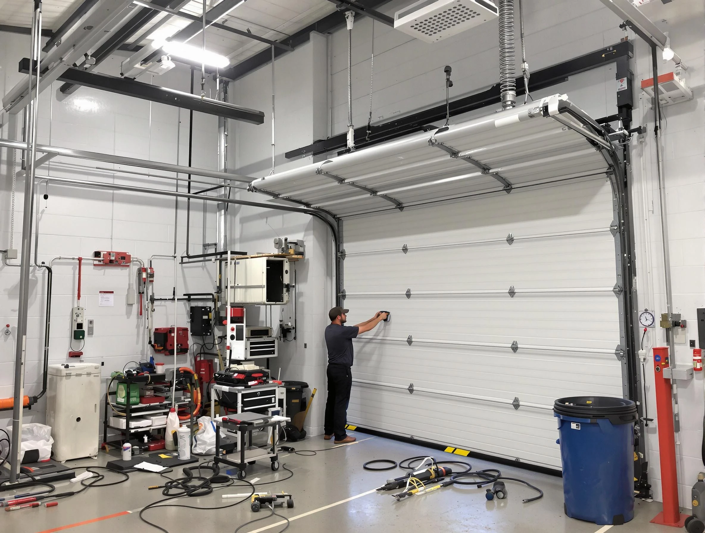Hampton Garage Door Repair certified technician performing commercial door repair at a Hampton business facility
