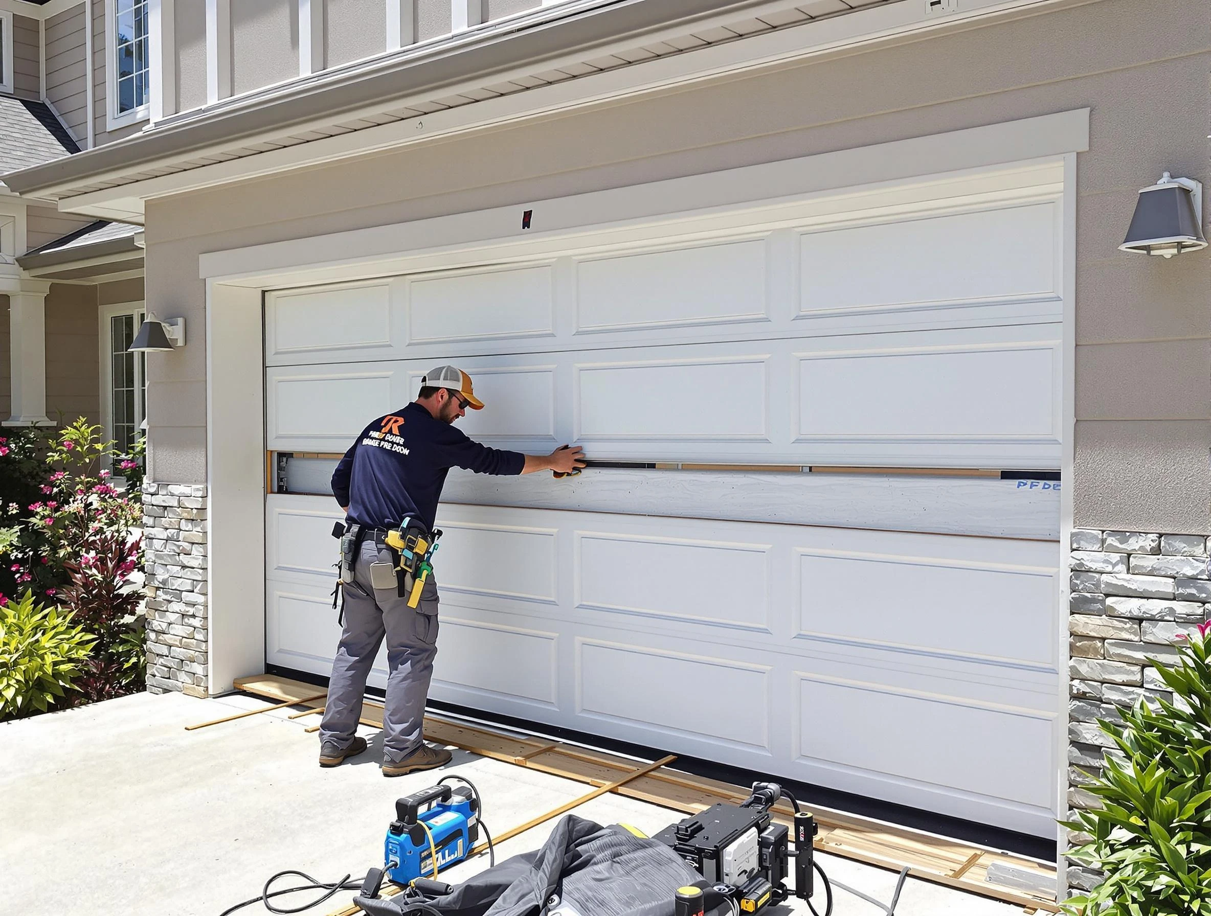Hampton Garage Door Repair team performing complete garage door replacement at Hampton residence